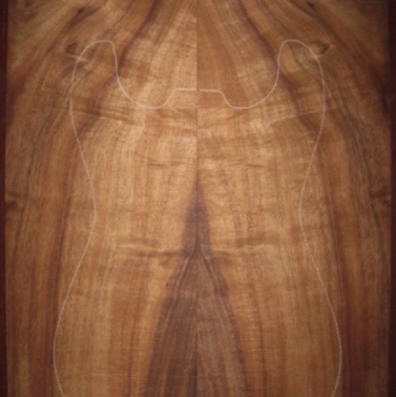 Koa Electric/Bass Top AAA $150
(2) top plates 8-1/2" x 23-1/4" .240" (6mm) thick
Air dried since 2006, 13" x 18-1/2" pattern shown, rich color and medium fiddleback curl; extra thickness allows some contouring.
set #138-1145 Koa Electric/Bass Top AAA $150
(2) top plates 8-1/2" x 23-1/4" .240" (6mm) thick
Air dried since 2006, 13" x 18-1/2" pattern shown, rich color and medium fiddleback curl; extra thickness allows some contouring.
set #138-1145