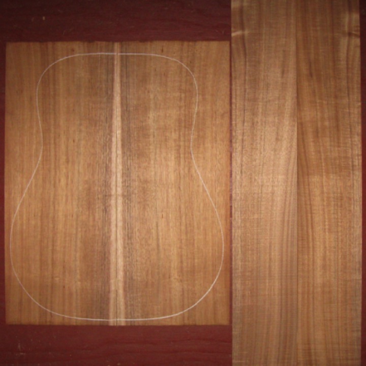 Koa OM/Dreadnought AA+  $190
(2) back plates 8-1/2" x 21-1/2"
(2) side plates 5" x 32"
Air dried since 2016, 16" dred pattern shown, straight grain, vertical grain, tight curl.
set #178-1948