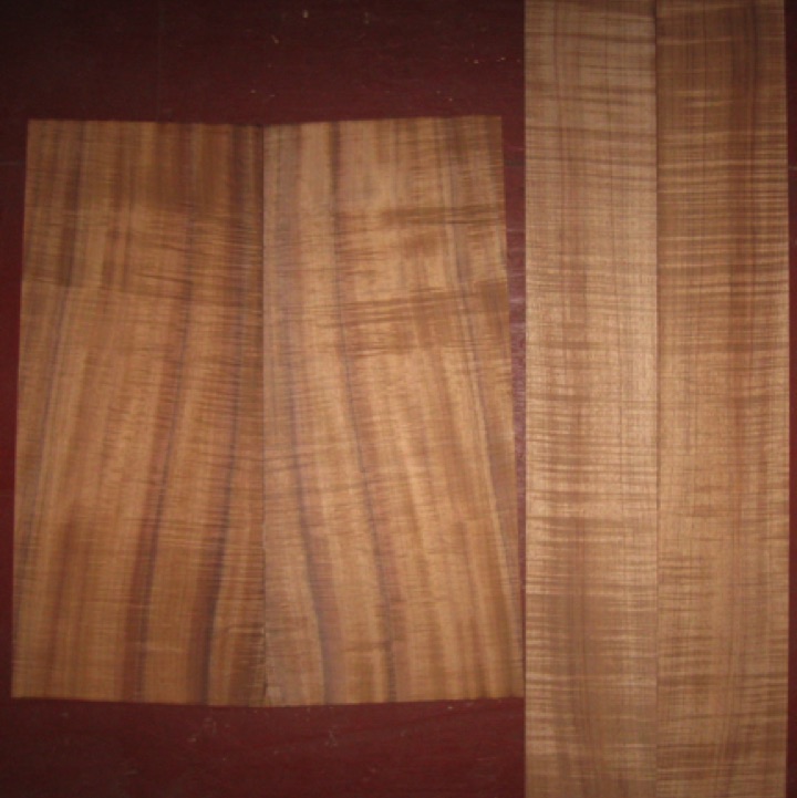 Koa OM/Dreadnought 4A $625
(2) back plates 9-3/4" x 22" (tapers to 9")
(2) side plates 5" x 34-3/4"
Air dried since 2018, 16" dred pattern shown, premium curl, vertical grain, bright orange-brown.
set #212-2442