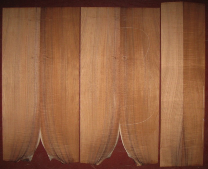 6-pc Koa OM/CL 4A  $525
(4) top-back plates 8" x 31-3/4" (tapers as shown)
(2) side plates 4-1/2" x 33-1/2" 
Air dried since 2015, 15-1/4" OM pattern shown, tight fiddleback curl; bright colors, straight-vertical grain.
set #170-1177
