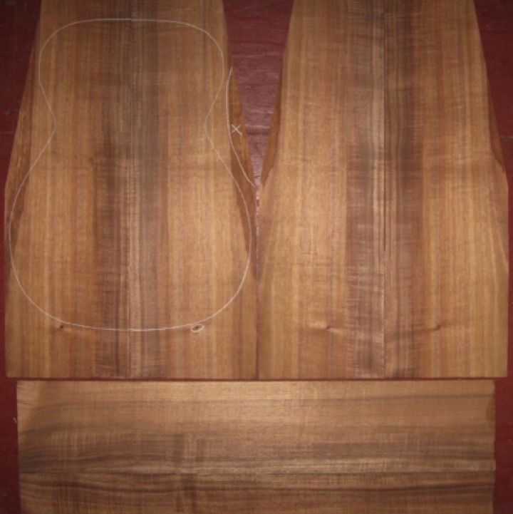 6-pc Koa OM/CL AA+  $350
(4) top-back plates 8" x 26-3/4" (tapered as shown)
(2) side plates 6" x 30-7/8"
Air dried since 2010, 15-1/4" OM pattern shown, straight & vertical grain, rich colors and striping.
set #193-1893