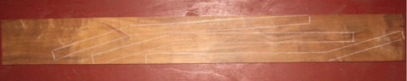 Koa Guitar Neck Blank AAA $125
36" x 4-1/8", 1" thick
Style C. Air dried since 2010, planed, flatsawn. Good curl on edge. Old-growth, straight grain, shown with 3 overlapping 23" long patterns.
face #1   -   blank #193-1986