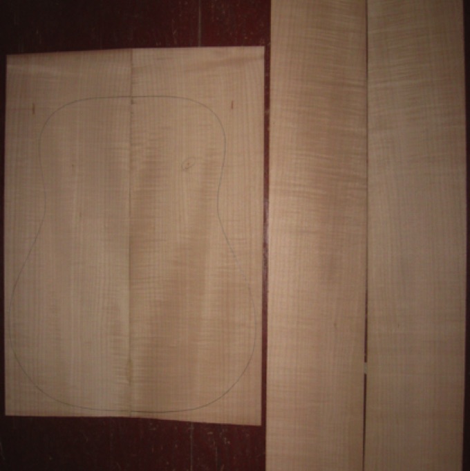 Curly Maple D/Jumbo AA $55
(2) back plates 8-1/2" x 23-3/4"
(2) side plates 6" x 34"
Air dried since 2009, light curl, clean white color, 16" dred pattern drawn in; tiny knot (circled); straight and vertical grain.
(2) consecutive sets available - set #146-1122
Curly Maple D/Jumbo AA $55
(2) back plates 8-1/2" x 23-3/4"
(2) side plates 6" x 34"
Air dried since 2009, light curl, clean white color, 16" dred pattern drawn in; tiny knot (circled); straight and vertical grain.
(2) consecutive sets available - set #146-1122