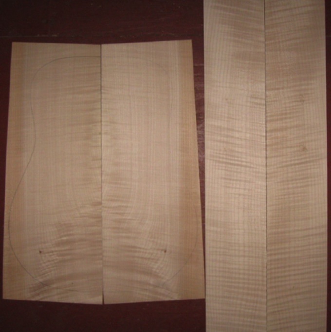 Curly Maple D/OM AAA $50
(2) back plates 8-5/8" x 22" (tapers to 6-3/4")
(2) side plates 5-1/4" x 34"
Air dried since 2009, good curl throughout with flame at lower bout on back.
set #146-2447 Curly Maple D/OM AAA $50
(2) back plates 8-5/8" x 22" (tapers to 6-3/4")
(2) side plates 5-1/4" x 34"
Air dried since 2009, good curl throughout with flame at lower bout on back.
set #146-2447