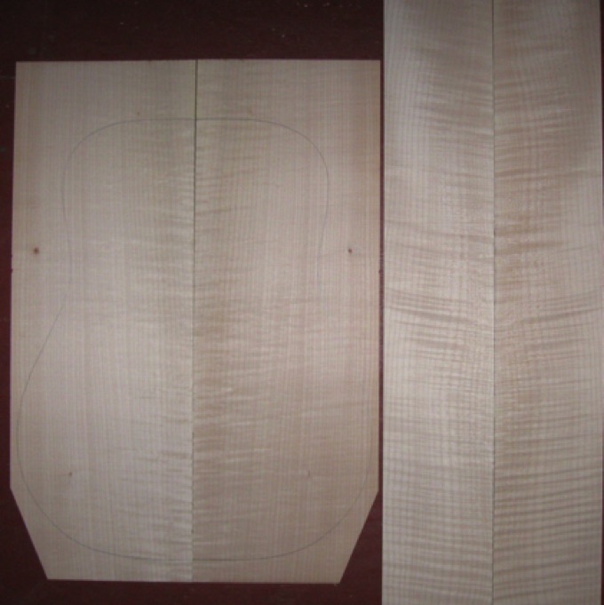 Curly Maple D/Jumbo AAA $85
(2) back plates 8-3/8" x 23-3/4" )tapers to 6-5/8")
(2) side plates 5" x 34"
Air dried since 2009, good curl, clean white color, 16" dred pattern shown; straight and vertical grain.
set #146-2449 Curly Maple D/Jumbo AAA $85
(2) back plates 8-3/8" x 23-3/4" )tapers to 6-5/8")
(2) side plates 5" x 34"
Air dried since 2009, good curl, clean white color, 16" dred pattern shown; straight and vertical grain.
set #146-2449