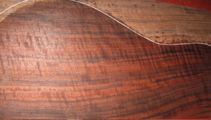 closeup, wetted
set #25-2383
Discounted due to light cupping on back plates. Will not be an issue when sanded/braced, guaranteed. Stable, well-seasoned walnut.