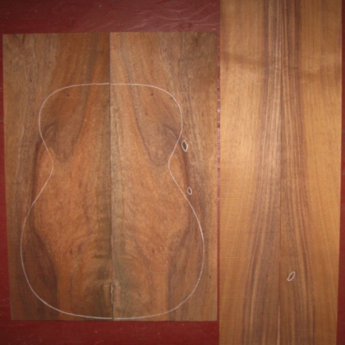 Koa OM/CL AA+  $175
(2) back plates 8-3/4" x 24"
(2) side plates 5" x 31"
Air dried since 2010, 15-1/4" OM pattern shown, gorgeous color and figure, pomelle quilt on back, light curl on sides.
set #193-2094