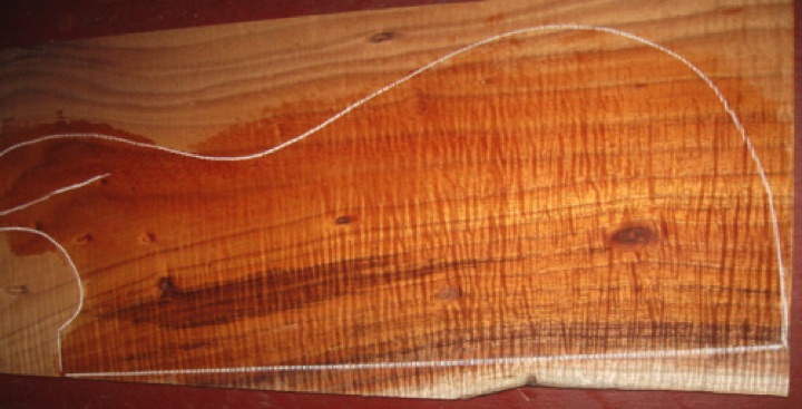 closeup, wetted
set #170-2024

$240 top discounted due to tight knots and a split at the upper horn, marked with white line. Split easily repaired when gluing to a solid body. 