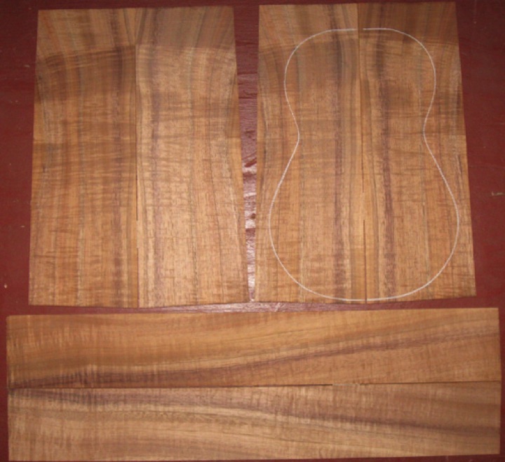 Koa Soprano Ukulele AAA  $80
(4) top-back plates 3-7/8" x 10-1/2" (taper to 3-1/2")
(2) side plates 2-1/2" x 17"
Air dried since 2018, full fiddleback curl.
set #212-2365