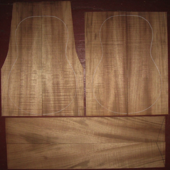 Koa Tenor Ukulele AAA  $110
(4) top-back plates 5-1/8" x 12-3/4" (tapers) 
(2) side plates 3-1/4" x 20"
Air dried since 1990s, tenor pattern shown, good curl
.
set #219-2405