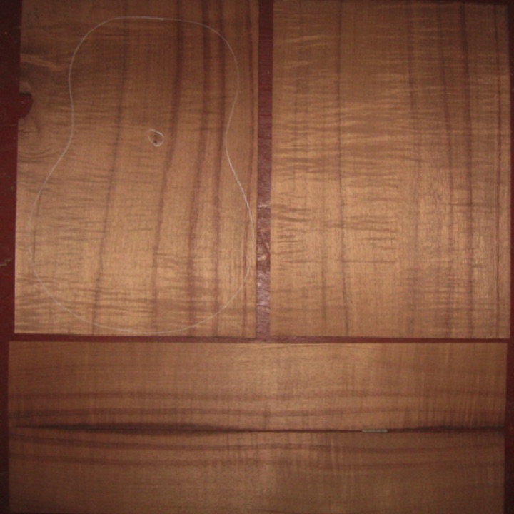Koa Tenor/Concert Ukulele 3A-4A  $140
(2) top-back plates 9-1/4" x 13"
(2) side plates 3-1/4" x 19"
Air dried since 2017, red-brown with striping and strong curl. One-piece top/back. Borderline master-grade.
set #200-2470