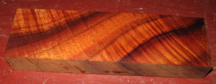 Curly koa knife blank, $19 + $4 shipping
7-3/8" x 2-1/4", sanded 1" thick. Air dried since 2005.  
face #1 (wetted)   -   blank #119-1719