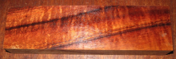 Curly koa knife blank, $17.50 + $4 shipping
7" x 2", sanded 1" thick. Air dried since 2005.
face #1 (wetted) - blank #119-1752 Curly koa knife blank, $17.50 + $4 shipping
7" x 2", sanded 1" thick. Air dried since 2005.
face #1 (wetted) - blank #119-1752