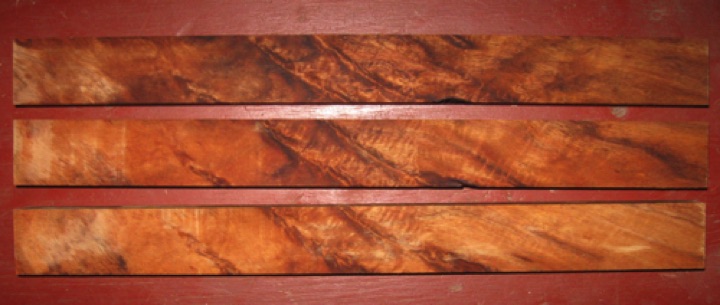 Curly koa 3 boards for $30 + shipping
Consecutive-cut boards, each 1-1/2" x 16-7/8", skip-sanded to
1" thickness. Whorl-curl figure. Air dried since 2006. 
face #1   -   3 boards #136-1611