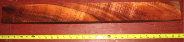 Curly koa $65 + $21 shipping
2-7/8" x 27-1/2", planed to 1-15/16" thickness.
Strong fiddleback curl, rich colors. Air dried since 2001.
face #1   -   board #87-1706