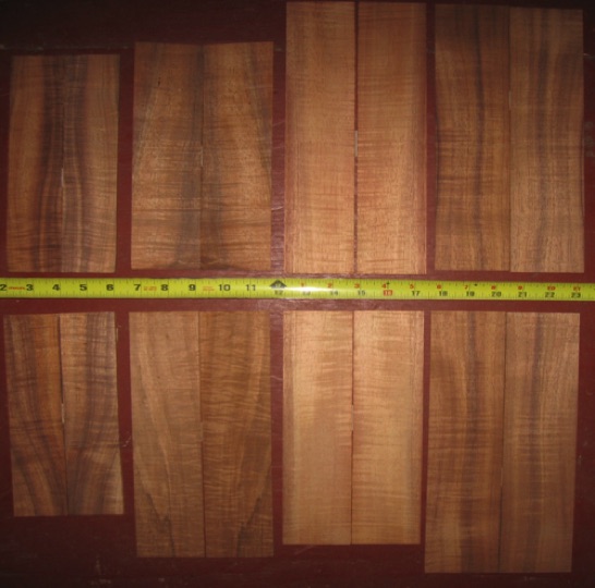 (8) koa headplates AAA $30 + $9 shipping
Lengths: 7-1/2" - 10". Widths: 4" - 5-1/2" per bookmatch. Nominal thickness: 1/8". All well seasoned, good color and curl; nice variety.
headplates #2258 (8) koa headplates AAA $30 + $9 shipping
Lengths: 7-1/2" - 10". Widths: 4" - 5-1/2" per bookmatch. Nominal thickness: 1/8". All well seasoned, good color and curl; nice variety.
headplates #2258