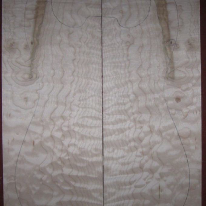 Quilted Maple Electric/Bass Top AAAA  $40
(2) top plates 8" x 23-1/2"
Air dried since 2017, .160" (4.0 mm) thick, 13x18-1/2" pattern shown, strong quilt,.
set #185-2253