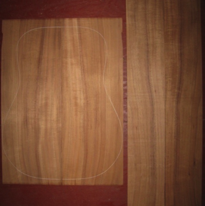 Koa OM/Dreadnought AA+  $180
(2) back plates 8-1/8" x 22"
(2) side plates 5" x 32-1/4"
Air dried since 1996, 16" dred pattern shown, straight grain, stripes, beautiful medium grade koa.
set #191-1314