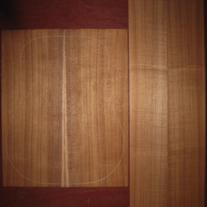 Koa OM/Dreadnought AA+  $180
(2) back plates 8-5/8" x 21-1/2"
(2) side plates 5-1/4" x 36-1/4"
Air dried since 2016, 16" dred pattern shown, straight grain, vertical grain, tight curl.
set #178-1442