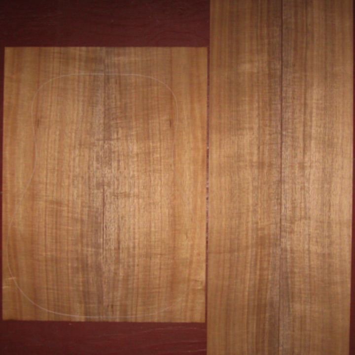 Koa OM/Dreadnought AAA  $265
(2) back plates 8-1/2" x 22-7/8"
(2) side plates 6" x 35-1/2"
Air dried since 2015, 16" dred pattern shown, bright orange brown, straight & vertical grain, good curl. Gorgeous koa.
set #178-1450