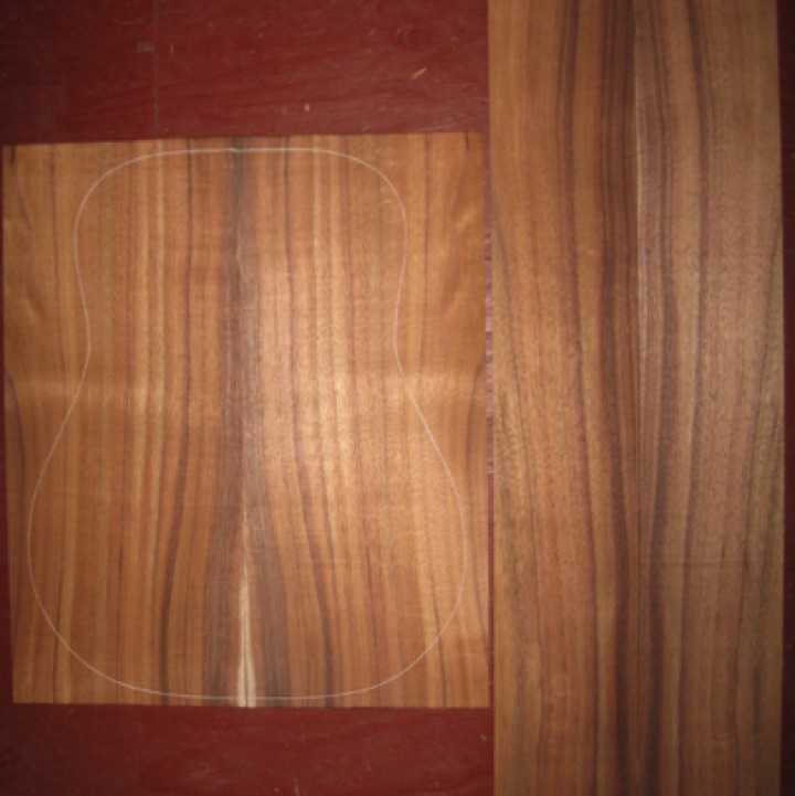 Koa OM/Dreadnought AA  $120
(2) back plates 8-7/8" x 21"
(2) side plates 5-1/4" x 35-1/4"
Air dried since 2016, 16" dred pattern shown, straight and vertical grain, with rich colors and stripes.
set #175-1679