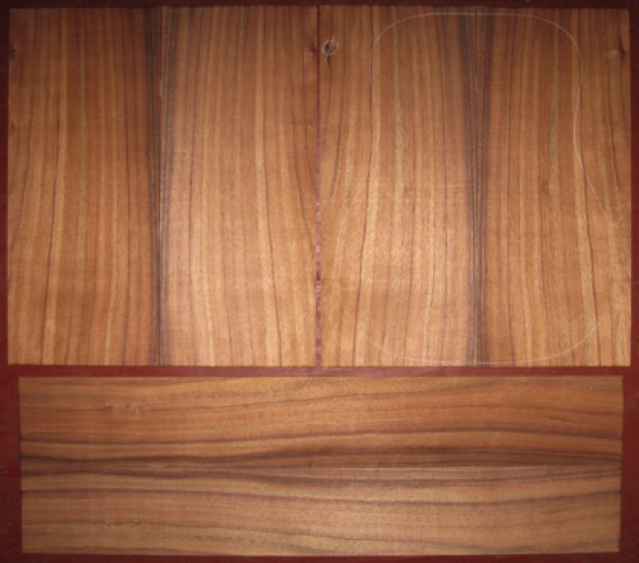 6-pc Koa OM/Dreadnought AA  $195
(4) top-back plates 9" x 20-7/8"
(2) side plates 5-1/4" x 35"
Air dried since 2015, 16" dred pattern shown, straight & vertical grain, rich colors and striping.
set #175-1671