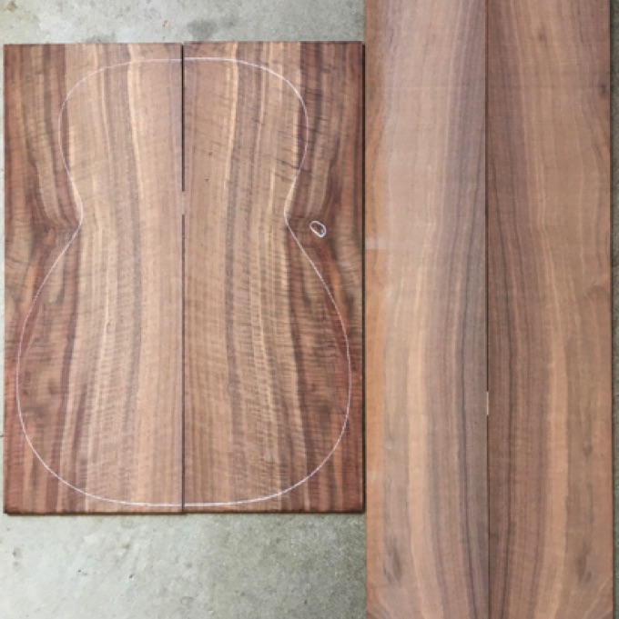 Walnut 0/Parlor 4A  $120
(2) back plates 7-1/4" x 19-1/4"
(2) side plates 4-7/8" x 29-1/2"
Air dried since 2002, 13-1/2" size 0 pattern shown, dramatic color and curl.
set #101-2591